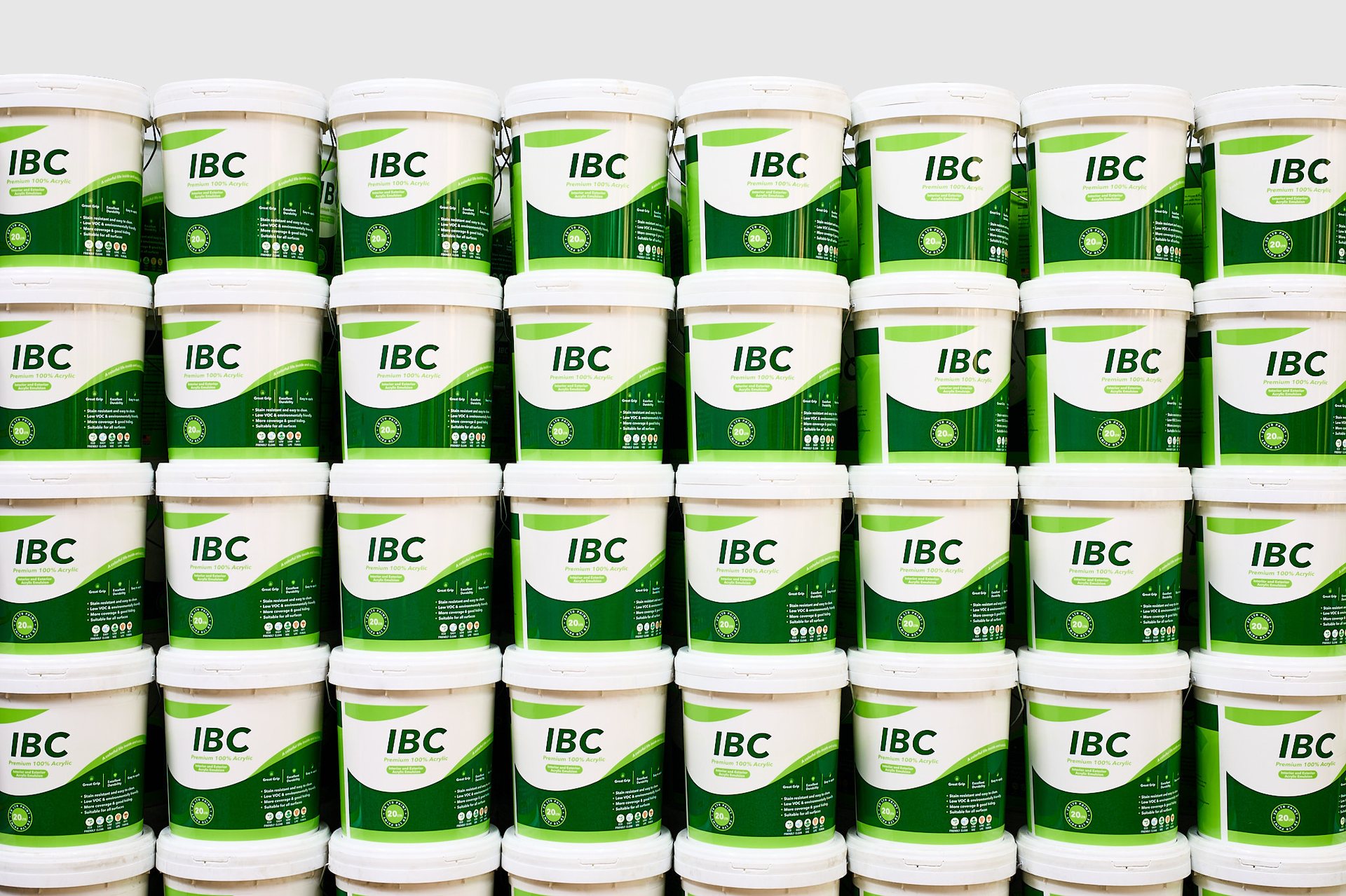 IBC Premium Acrylic buckets stacked in the warehouse